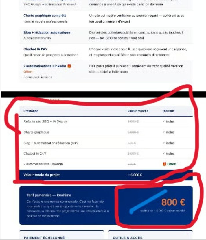 Devis client : refonte de site avec IA, charte graphique, blog automatisé n8n et chatbot 24/7 — 800 € pour environ 5 000 € de valeur marché