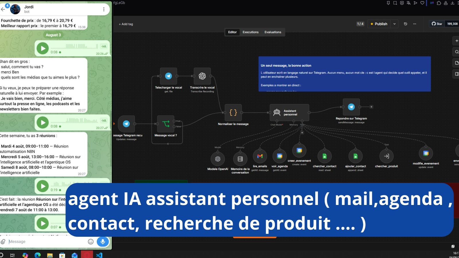 Workflow n8n d'un agent IA assistant personnel connecté à Telegram, Gmail, Google Agenda et Google Sheets
