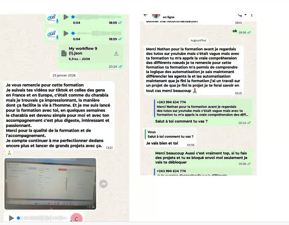 Avis d'apprenants sur WhatsApp : « ta formation m'a appris la vraie compréhension des différents nœuds » et « en quelques semaines c'est devenu simple pour moi »