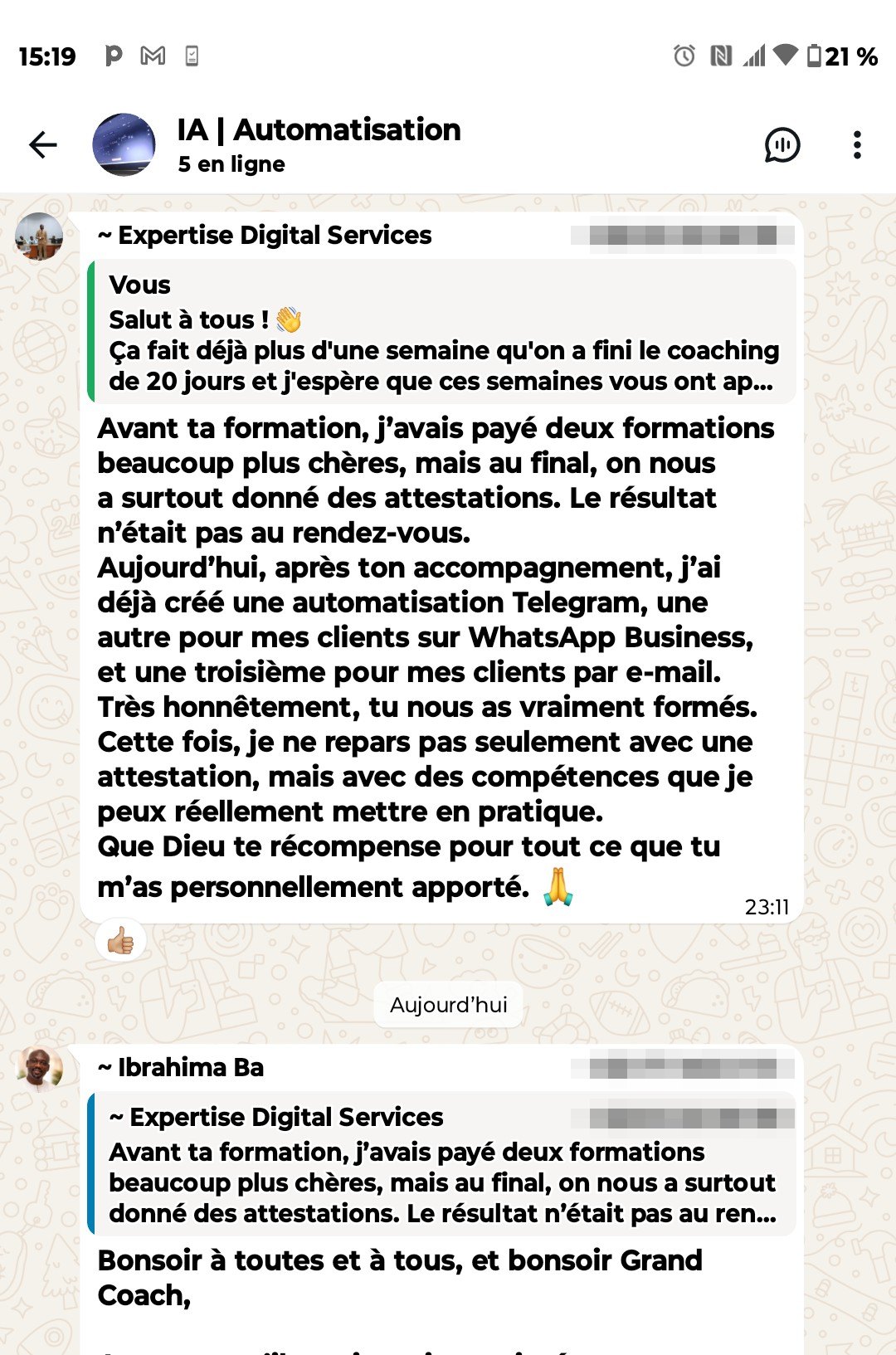 Témoignage WhatsApp : « Avant ta formation, j'avais payé deux formations beaucoup plus chères, on nous a surtout donné des attestations. Aujourd'hui j'ai déjà créé une automatisation Telegram, une pour mes clients sur WhatsApp Business et une troisième par e-mail »